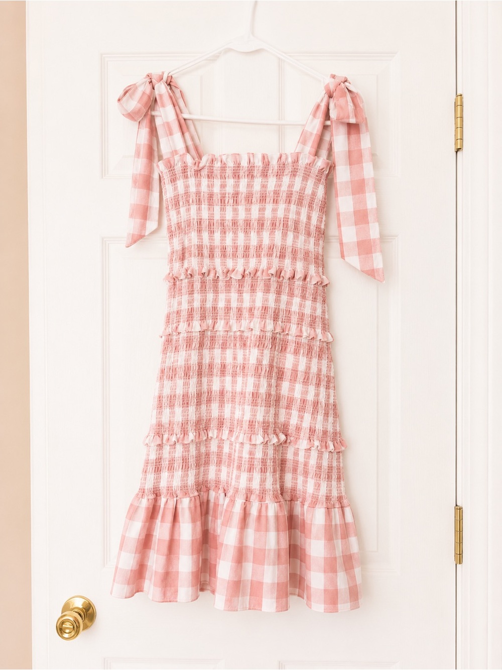 Smocked Tie-Shoulder Pink Gingham Casual Dress